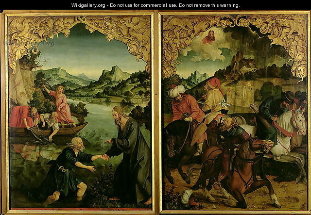 Stories of SS Peter and Paul altarpiece detail showing L to R Vocation of St Peter Conversion of St Paul - Hans von Klumbach