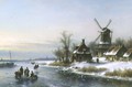 Windmill by a Frozen River - Laurens Johannes Kleijn