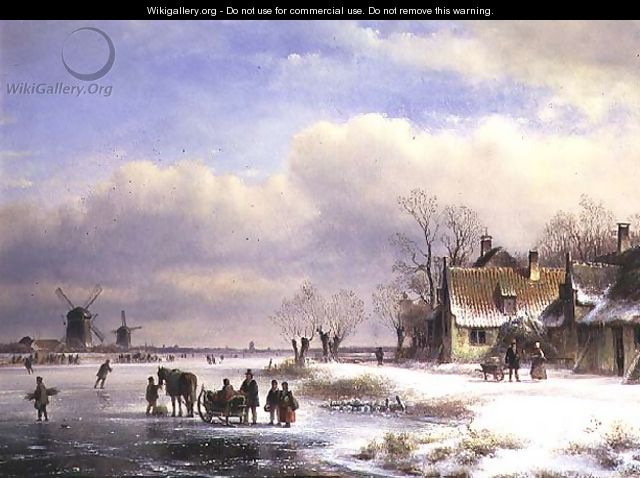 Snow Scene with Windmills in the Distance - Lodewijk Johannes Kleyn