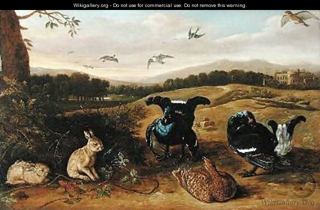 Black game rabbits and swallows in a park - Leonard Knyff