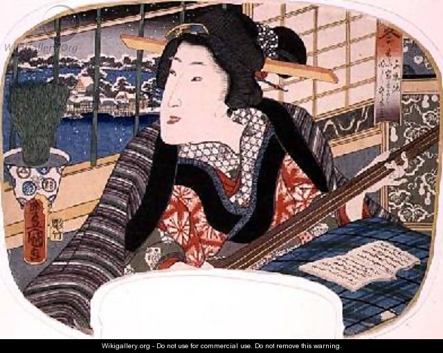 Winter Shinobazu Pond A geisha practicing a ballad design for a fan from a set of four illustrating the seasons - Utagawa Kunisada