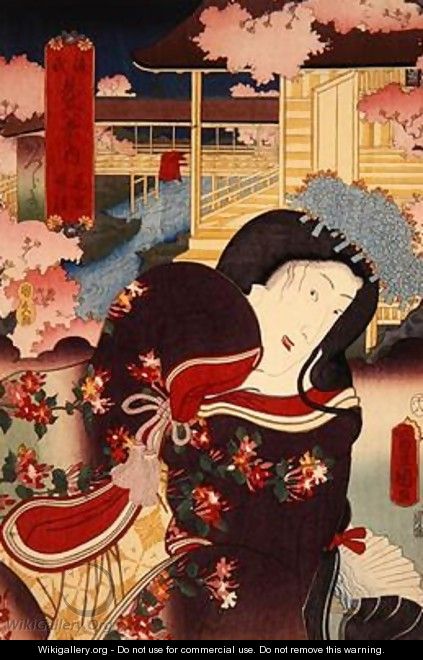 Hana no en bansho Katsuragi Genji mitate hakkei no uchi Flower Banquet Evening Bell Katsuragi - Utagawa Kunisada