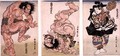 The Wrestlers Matano Goro Kagehisa and Kawazu no Saburo Sukeyasu with The Umpire Ebina Genpachi Triptych - Utagawa Kunisada