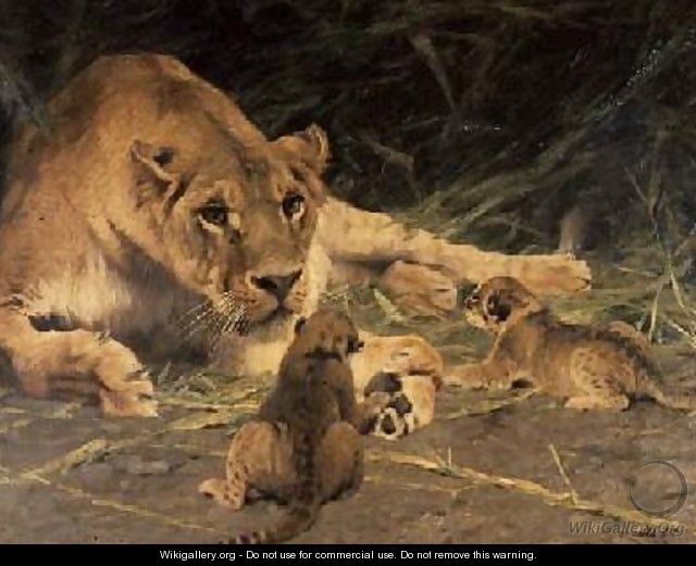 A Lioness and Her Cubs - Wilhelm Kuhnert