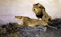 Lion and Lioness on a Rocky Outcrop - Wilhelm Kuhnert