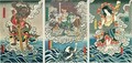 The actor Ichikawa Ebizo V as the deity Fudo Myoo rescuing Ichikawa Danjuro VIII as Honcho maru Tsunagoro Hiranoya Tokubei accompanied by other actors as Seitaka Doji and Kongara Doji - Utagawa Kunisada