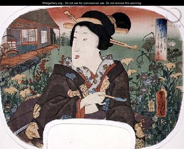 Autumn Hanayashiki A geisha with a pipe design for a fan from a set of four illustrating the seasons - Utagawa Kunisada