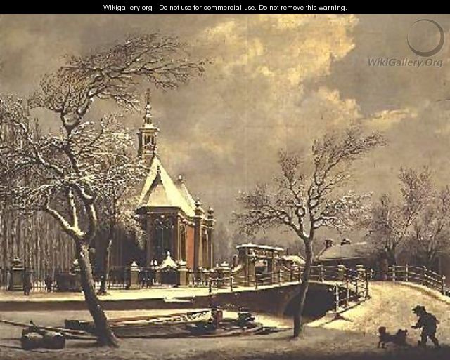 Dutch church beside a frozen canal - Cornelis de Krunt