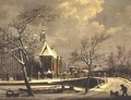 Dutch church beside a frozen canal - Cornelis de Krunt