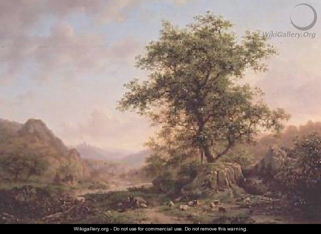 Wooded landscape with peasants and animals on path - Frederick Marianus Kruseman