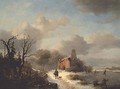 Winter landscape with peasant and figures on ice - Frederick Marianus Kruseman