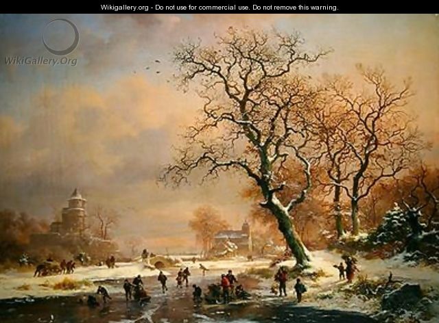 Frozen winter landscape with skaters - Frederick Marianus Kruseman