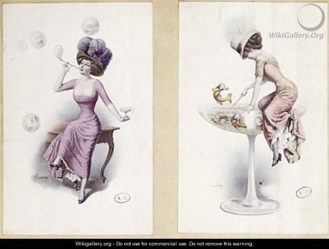 Postcards depicting a woman blowing bubbles and fishing in a Champagne Glass - F. Kuderna