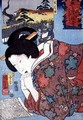A Honey Shop and a married woman looking at a calendar - Utagawa Kuniyoshi