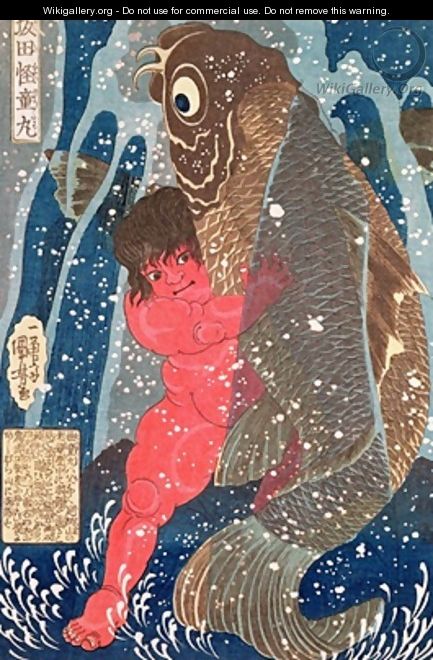 Kintoki Swims up the Waterfall - Utagawa Kuniyoshi