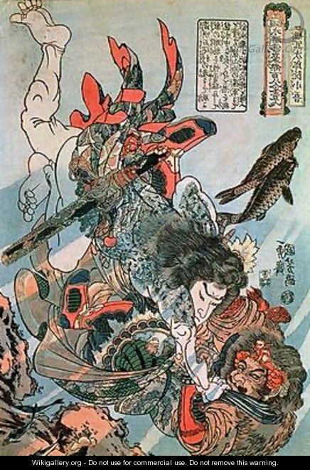 Tameijiro dan Shogo grappling with an adversary under water - Utagawa Kuniyoshi