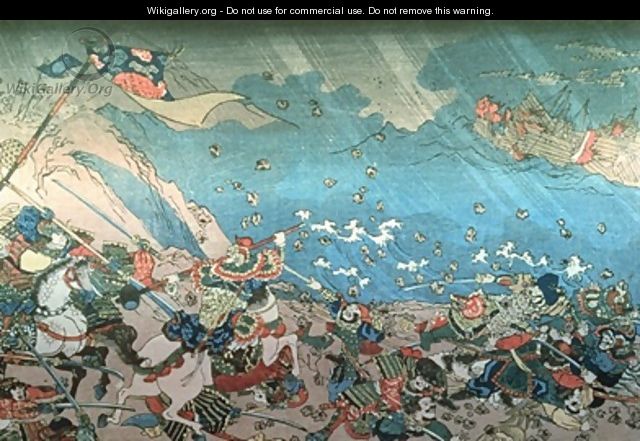Nichiren summoning the divine Shinpu wind to destroy the Mongol Chinese fleet attacking Japan in 13th century - Utagawa Kuniyoshi