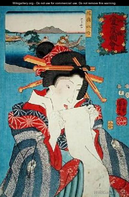 A Jelly fish of Bizen and a woman preparing to write a letter - Utagawa Kuniyoshi