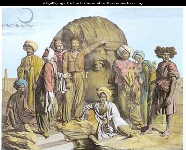 Monsieur Drovetti and his followers using a plumb line to measure a colossal head in the Egyptian desert - (after) Granger