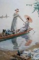 Two girls with their pet pug paddling back to their picnic - Charles MacIvor or MacIver Grierson