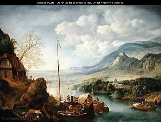 A Rhenish River Landscape with Boats in the Foreground - Jan Griffier