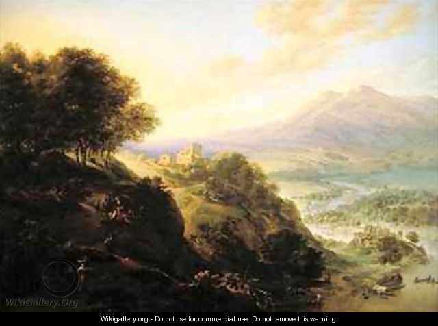 Mountainous river landscape with peasants resting by a path - Jan Griffier
