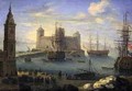 A Mediterranean port with men o war - Charles Laurent Grevenbroeck