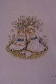 Two Girls with Dolls sitting under a rose bush - Kate Greenaway