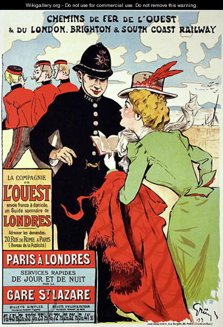 Reproduction of a Poster Advertising Trains from Paris to London - Jules Alexandre Grun