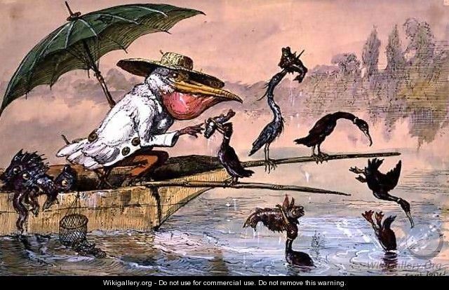 Cormorants presenting fish to a pelican in a punt under an umbrella from The Dream of the Fisherman - Ernest Henry Griset