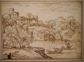 Classical landscape with boats on a lake below a castle - Giovanni Francesco Grimaldi