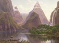 Native figures in a canoe at Milford Sound West Coast of South Island New Zealand also depicted are Mitre Peak and Bowens Fall - Eugene von Guerard