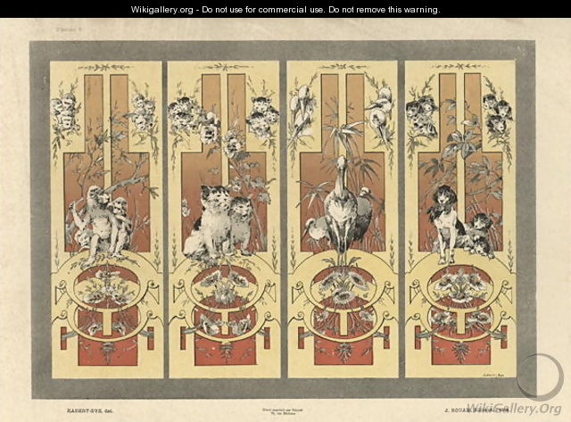 Monkeys cats herons and dogs plate 3 from Fantaisies decoratives - (after) Habert-Dys, Jules-Auguste