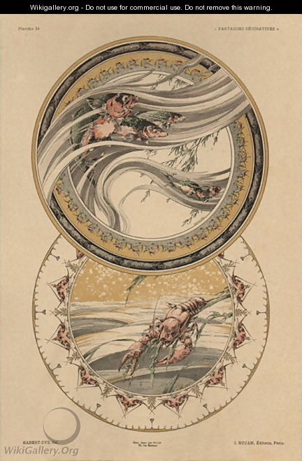 Fishes and lobster plate 13 from Fantaisies decoratives - (after) Habert-Dys, Jules-Auguste