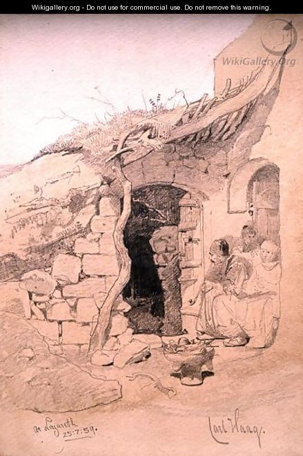 Three figures seated outside a house Nazareth - Carl Haag