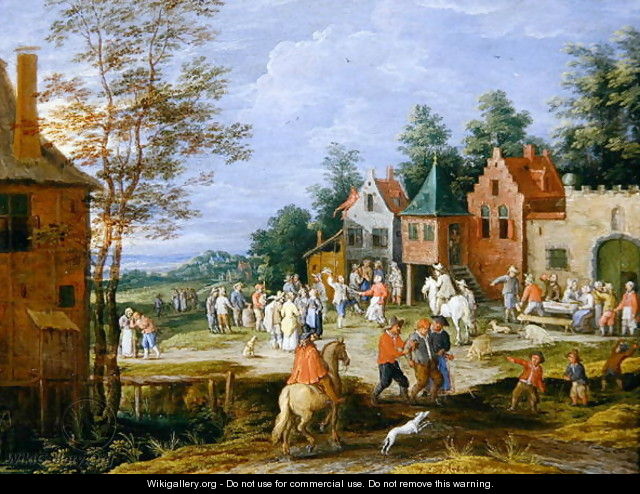 A village scene with figures dancing and merrymaking - Pieter Gysels