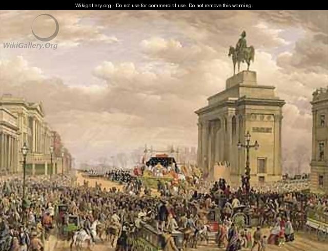 Funeral of the Duke of Wellington the funeral car passing the archway at Apsley House - (after) Haghe, Louis