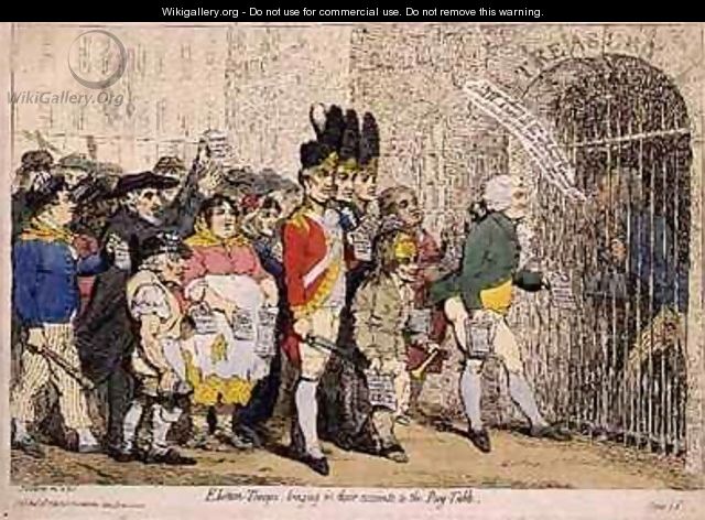 Election Troops bringing in their accounts to the Pay Table - James Gillray