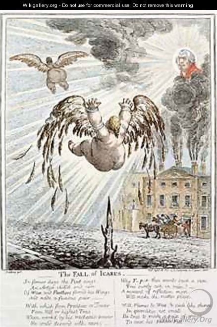 Satirical cartoon depicting the Fall of Icarus with reference to the Exchequer - James Gillray