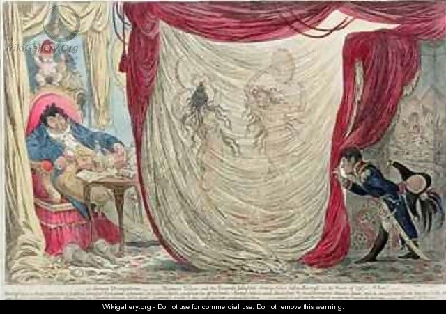 Occupations of Madame Theresa Tallien 1773-1835 and the Empress Josephine 1763-1814 dancing naked before the Vicomte de Barras 1755-1829 in the winter of 1797 - James Gillray
