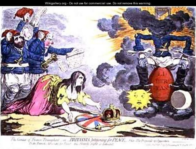 The Genius of France triumphant or Britannia petitioning for Peace - James Gillray