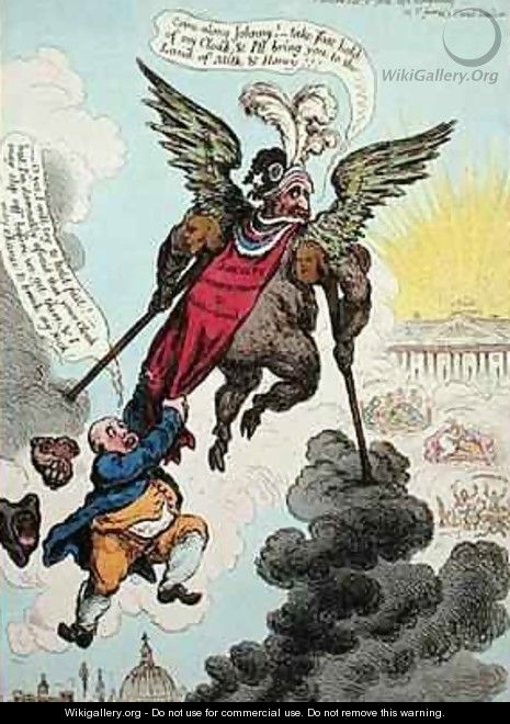 Le Diable Boiteux or The Devil upon Two Sticks Conveying John Bull to the Land of Promise - James Gillray