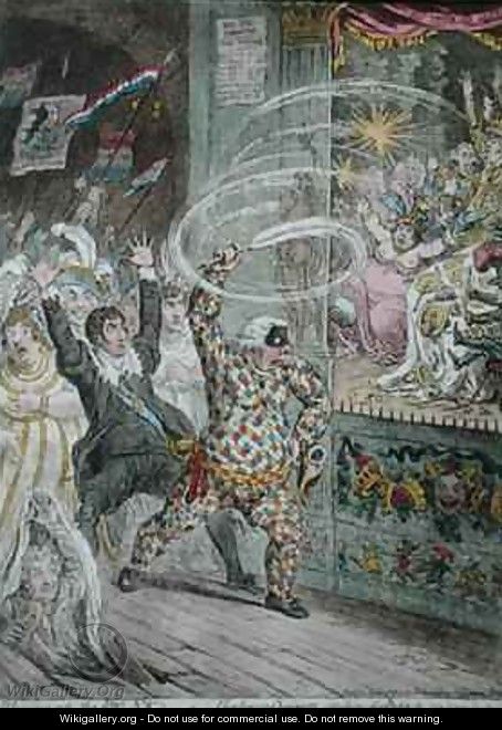 Blowing up the Pic Nics or Harlequin Quixotte attacking the Puppets - James Gillray