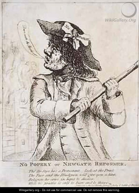No Popery or Newgate Reformer possibly Ned Dennis wearing a No Popery favour in his hat with Newgate Prison in flames behind - James Gillray