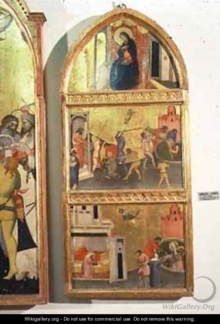 The Martyrdom of St Sebastian Altarpiec side panel showing the Virgin and scenes from the martyrdom of the saint - Niccolo del Biondo Giovanni di