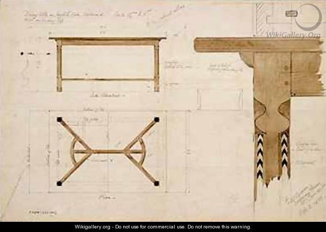 Design for a dining table in English oak darkened with a hayrake stretcher - Ernest William Gimson
