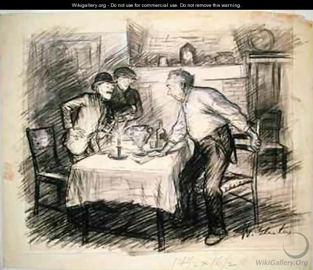 Interior with Three Men Getting Up from a Table - William Glackens