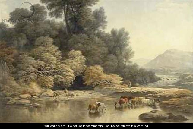 Hilly landscape with River and Cattle - John Glover