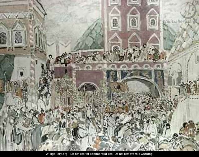 Scenery sketches for Musorgskys opera Boris Godunov depicting the Novodevichy Monastery - Aleksandr Jakovlevic Golovin