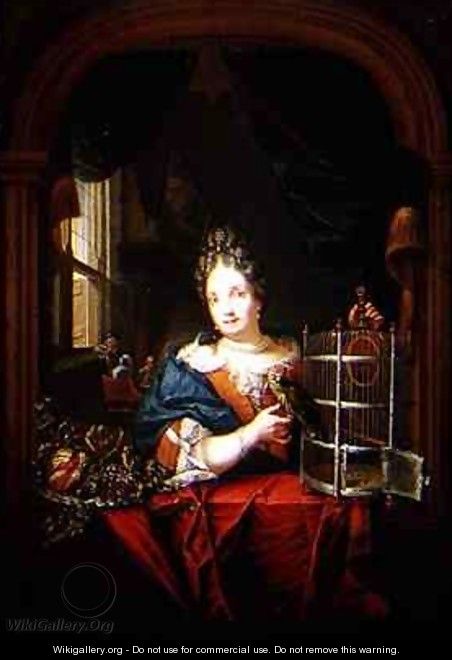 Portrait of a Woman holding a Parrot - Laureys Goubau